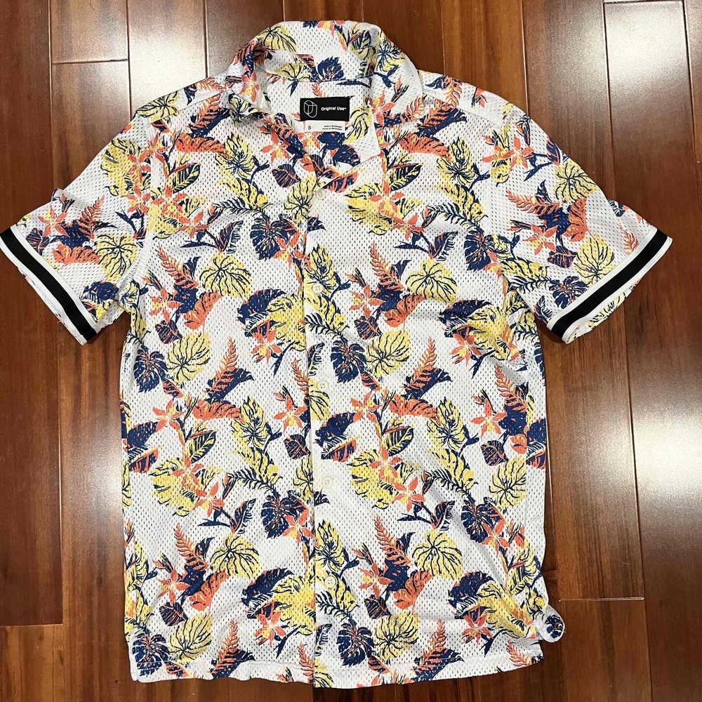 Original Use Mens Polo Shirt White Floral Tropical‎ Short Sleeve Pattern Sz S